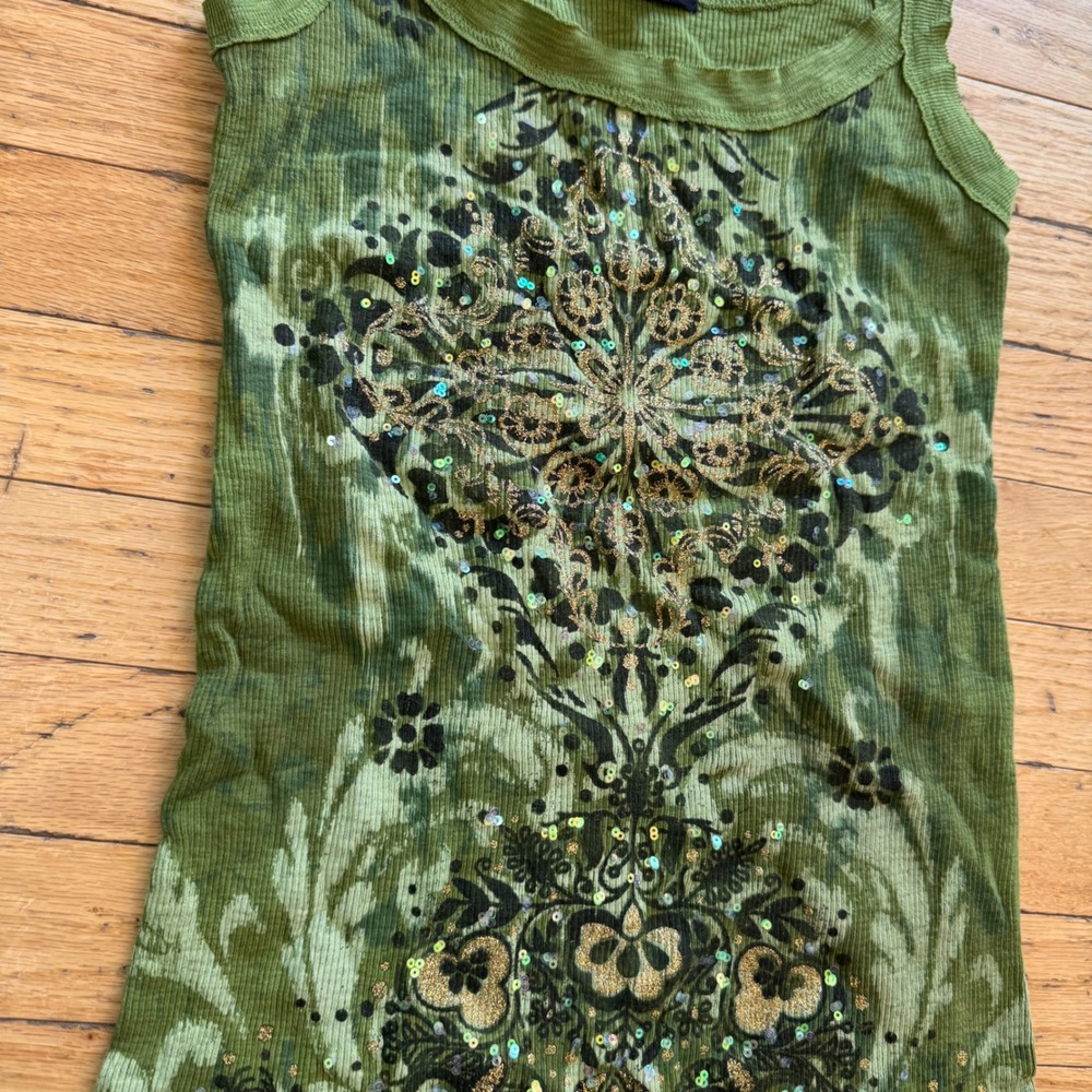 Fang Womens Y2K Ribbed Tank Top Green Sequin Mandala Graphic Size Large